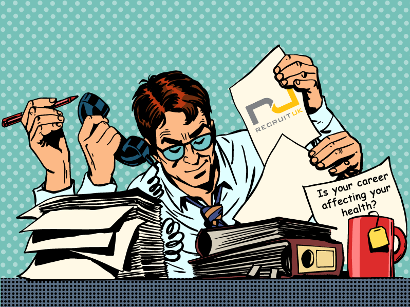 Cartoon image showing a busy working man with a lot of work surrounding him