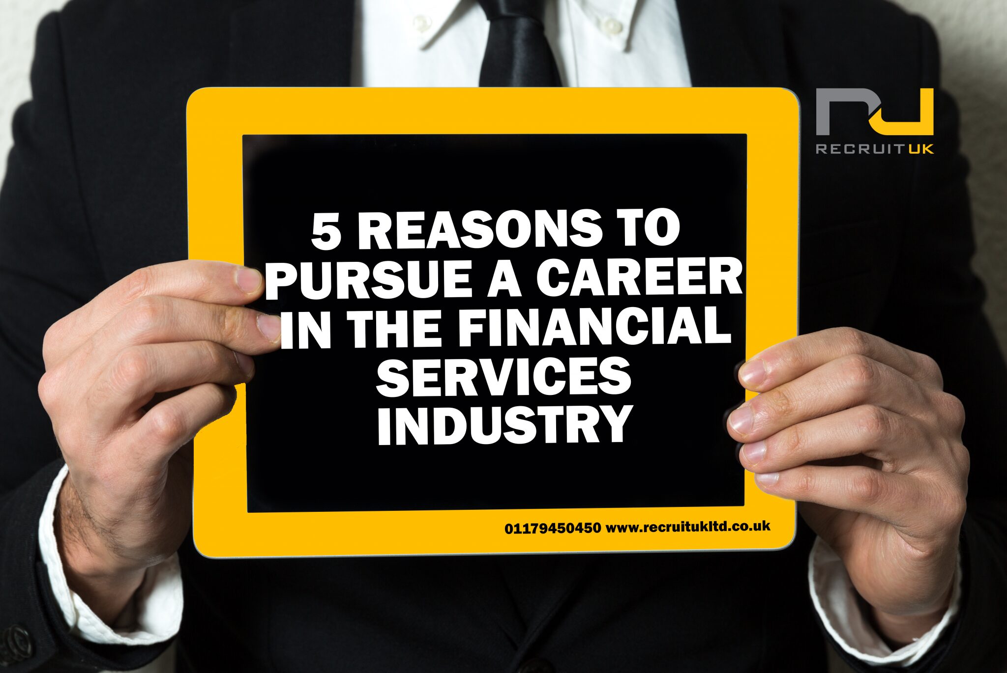 A man holding up a piece of paper stating ' 5 Reasons to pursue a career in the financial services industry'