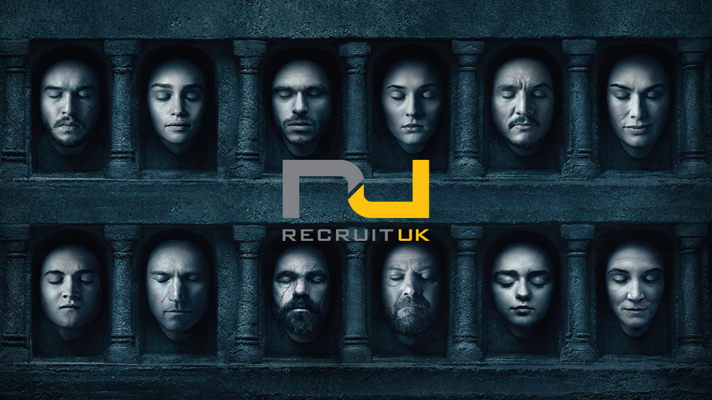 Picture of 10 people with their eyes closed with the Recruit UK logo on top of it
