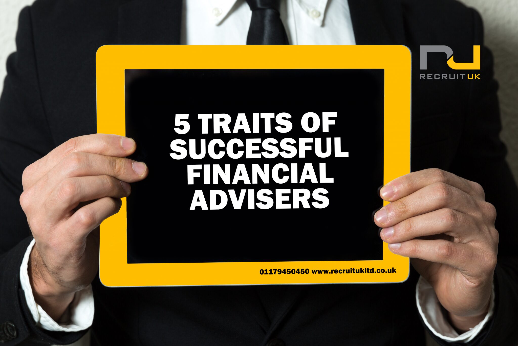 A man holding up a piece of paper stating ' 5 traits of successful financial advisers'