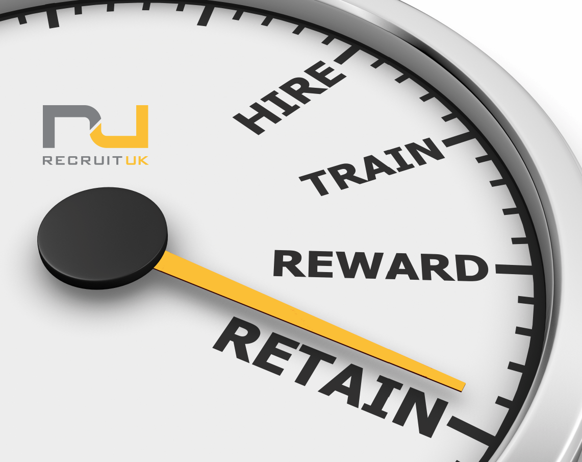 Image of clock with hire, train, reward and retain instead of numbers