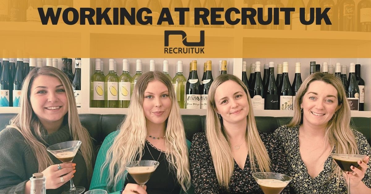Image of happy staff members with the words 'Working at Recruit UK'