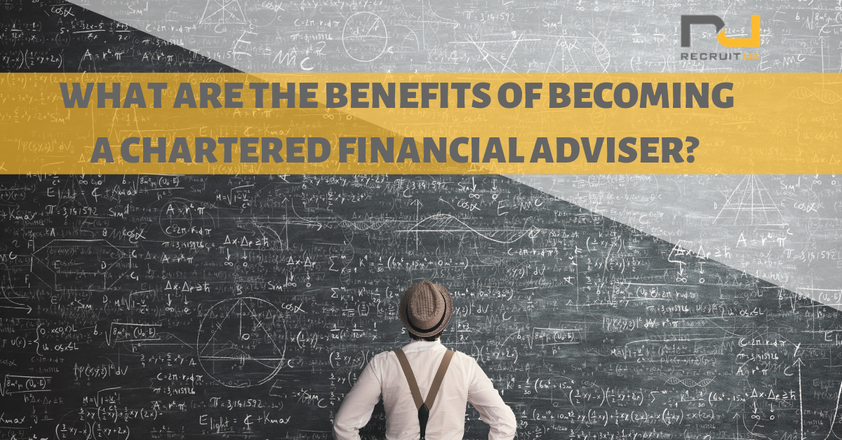 Man stood at a blackboard with graphs and charts and the words 'what are the benefits of becoming a chartered financial adviser?' on top of it