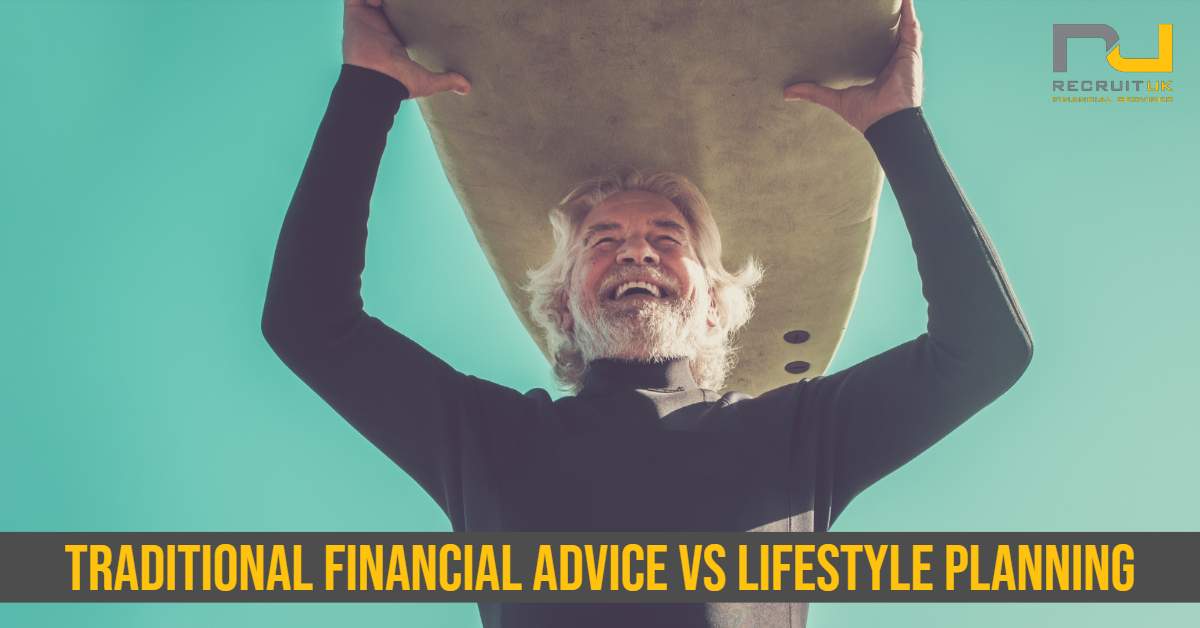 Man holidng a surf board over his head with the words 'Traditional Financial Advice VS Lifestyle Planning